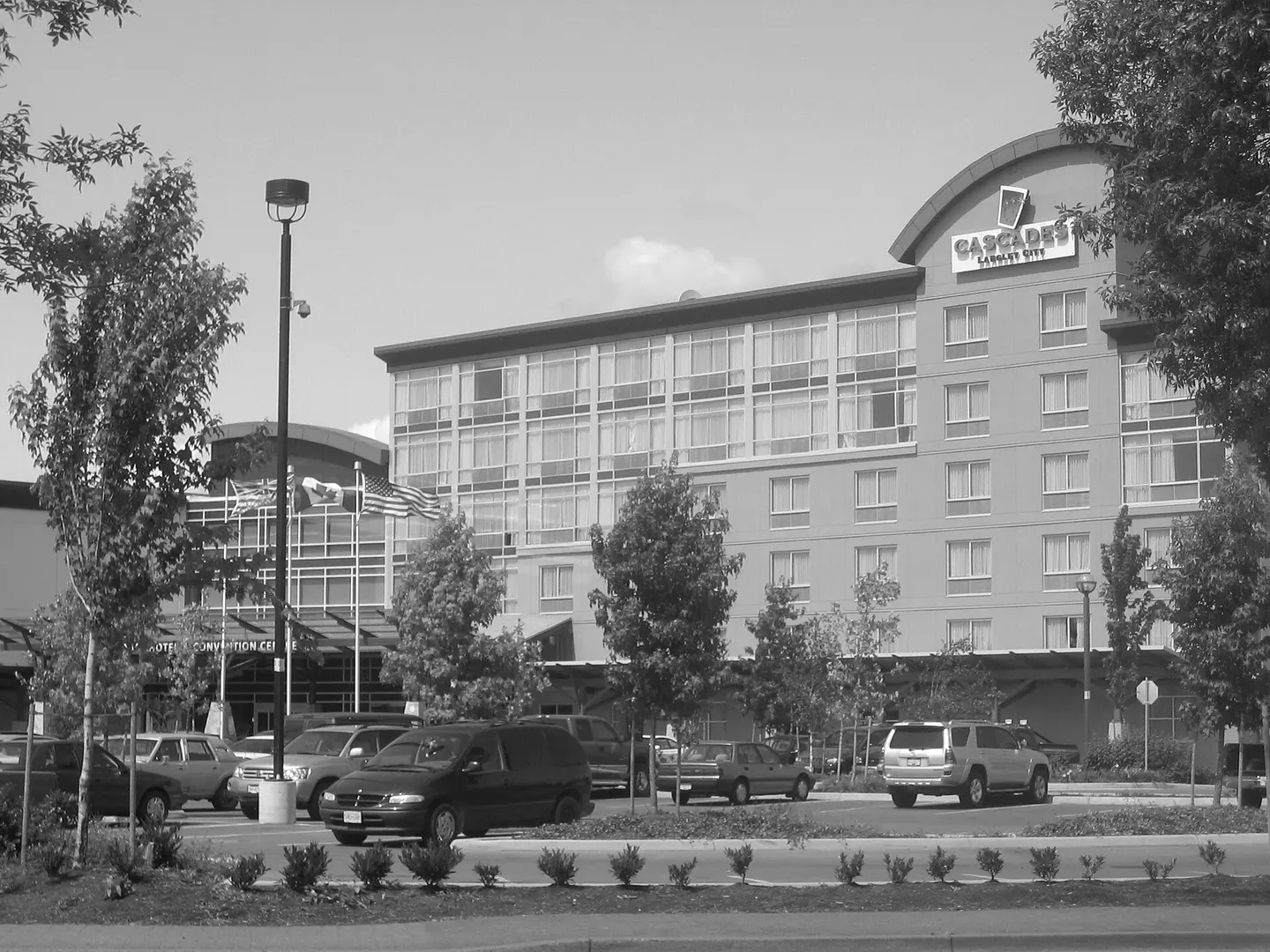 The Cascades hotel and casino building in Langley City seen from the parking lot