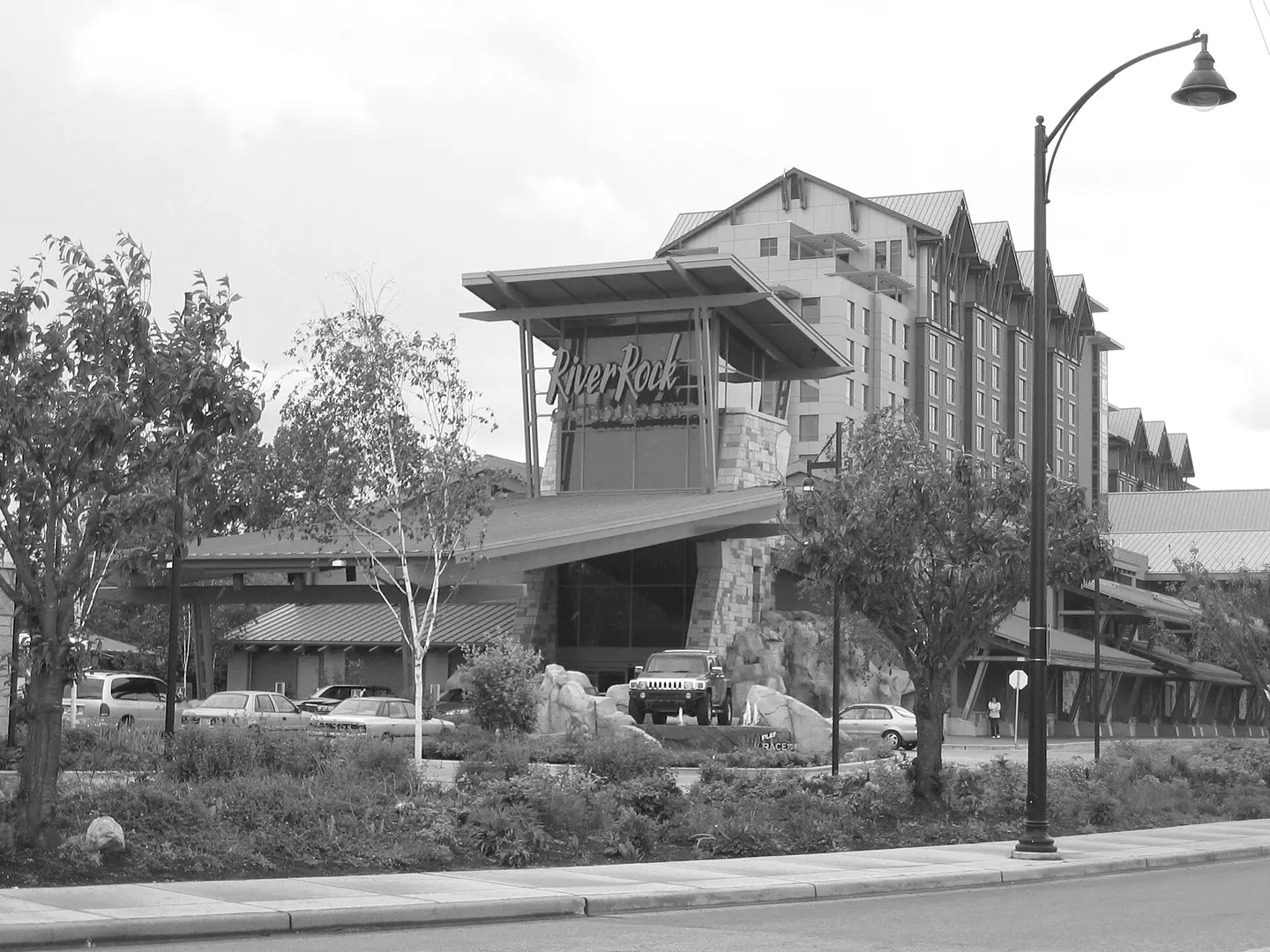 River Rock Casino Resort from River Road, the casino front with the hotel tower behind