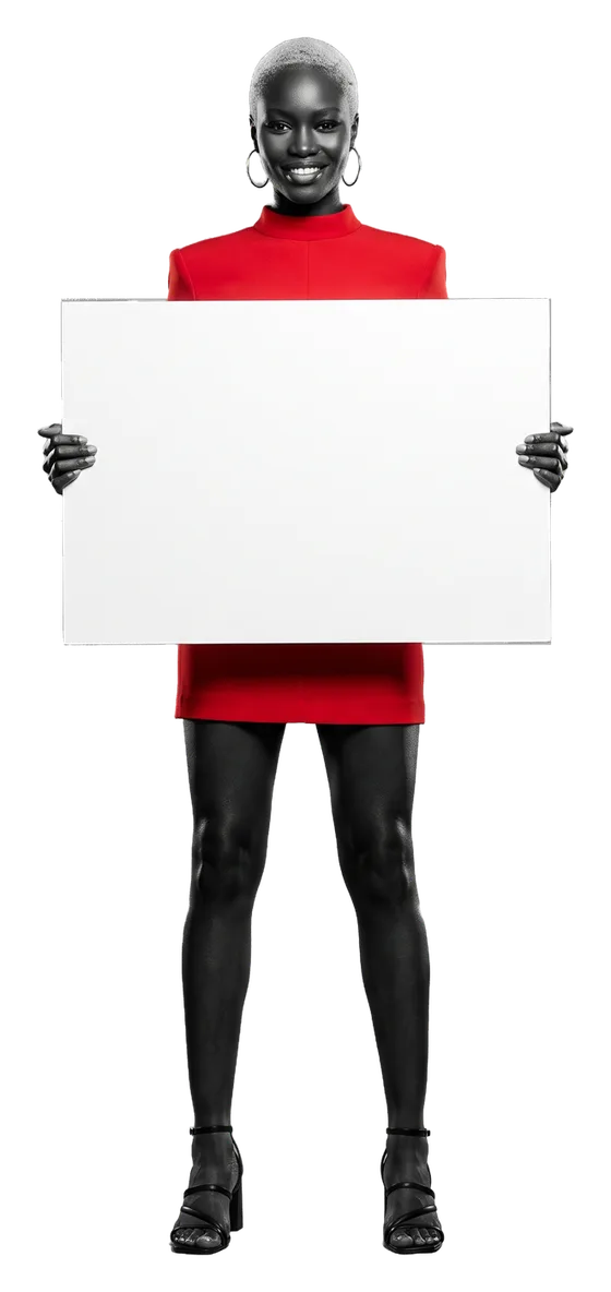 Simone Okafor in a scarlet dress holding a white board at chest height; the board reads: Run since 1889