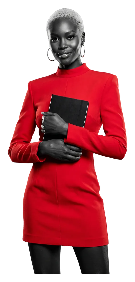 Portrait of Simone Okafor holding a small black notebook