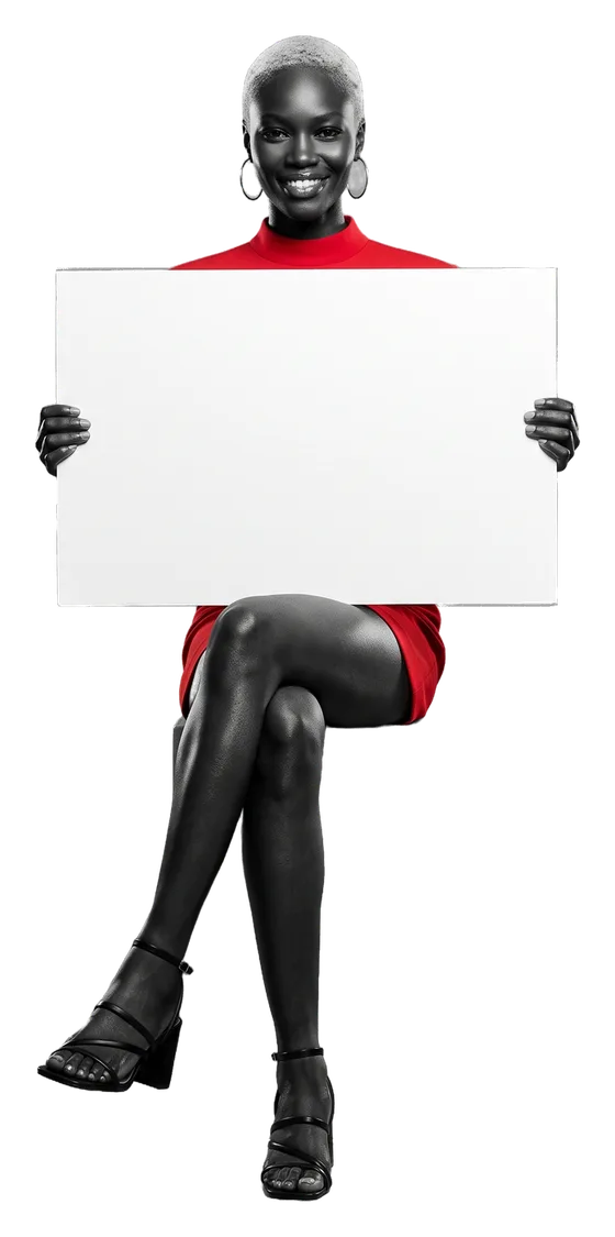 Simone Okafor seated on a low cube, a white board on her knee; the board reads: Racing ended Dec. 5, 2025